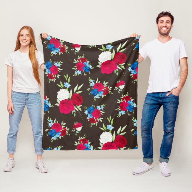 Elegant Red Blue Floral Pattern on Dark Brown Fleece Blanket (In Situ)