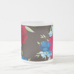 Elegant Red Blue Floral Pattern on Dark Brown Frosted Glass Coffee Mug