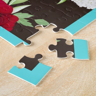 Elegant Red Blue Floral Pattern on Dark Brown Jigsaw Puzzle