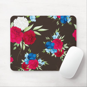 Elegant Red Blue Floral Pattern on Dark Brown Mouse Mat