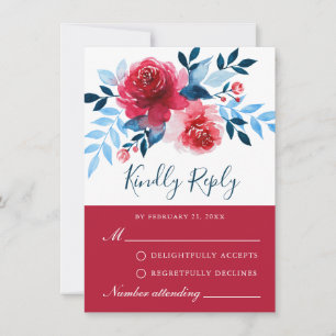 Elegant Red Blue Floral Watercolor Roses RSVP Card
