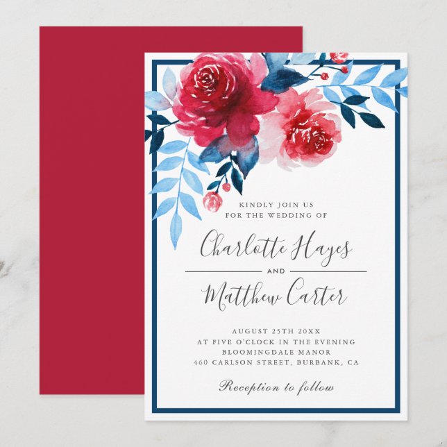 Elegant Red Blue Floral Watercolor Roses Wedding Invitation (Front/Back)