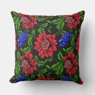 Elegant Red Blue Flower Black Background Cushion
