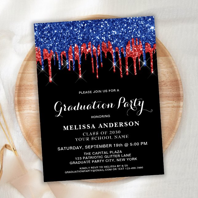 Elegant Red Blue Glitter Drip Patriotic Graduation Invitation Postcard (Creator Uploaded)