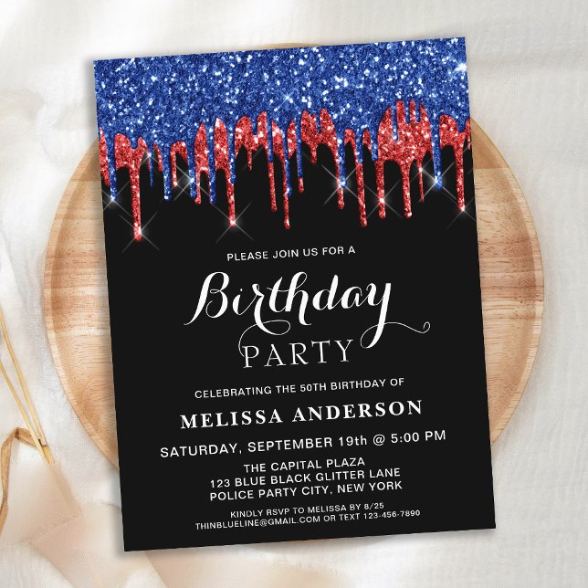 Elegant Red Blue Glitter Drips Patriotic Birthday Invitation Postcard (Creator Uploaded)
