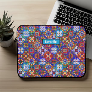 Elegant Red Blue Mexican Talavera Ceramic Tiles Laptop Sleeve