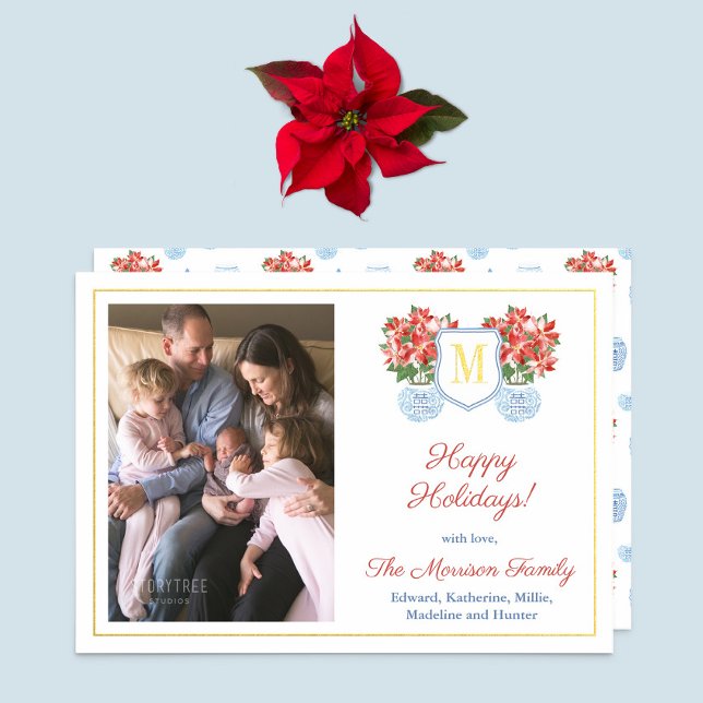 Elegant Red Blue Poinsettia Family Picture Gold Foil Holiday Card (Festive red poinsettia ginger jar holidays card with gold foil (real foil))