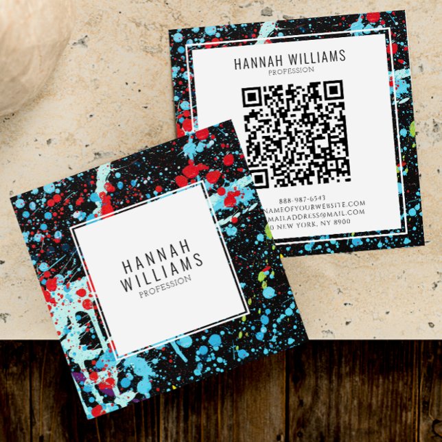 Elegant Red Blue Qr Code Colourful Painted Pattern Square Business Card (Creator Uploaded)