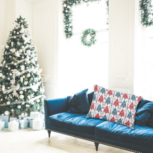 Elegant Red Blue Scandinavian Christmas Tree Decorative Cushion