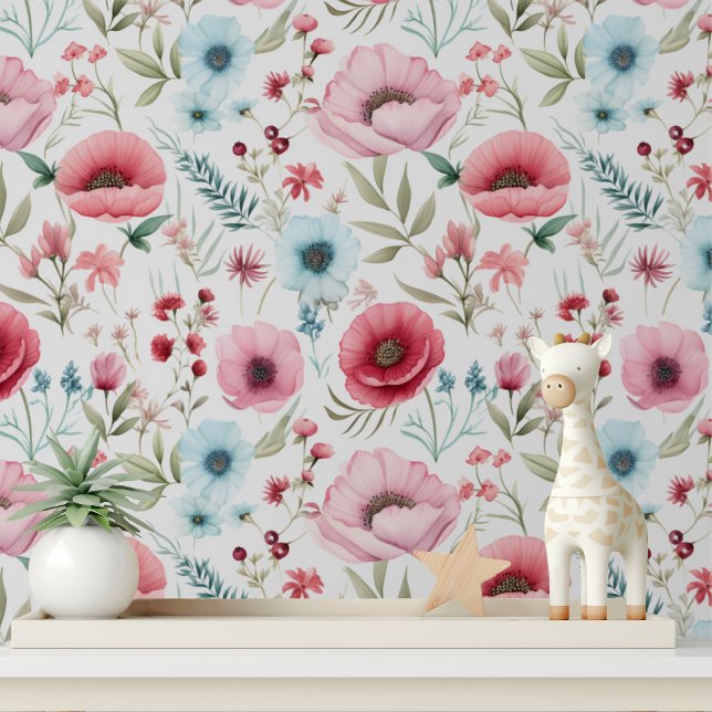 Elegant Red Blue Wildflower Poppy Floral Pattern Wallpaper (Creator Uploaded)