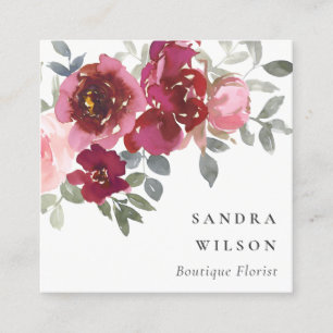 ELEGANT RED BLUSH BURGUNDY WATERCOLOR ROSE FLORAL SQUARE BUSINESS CARD