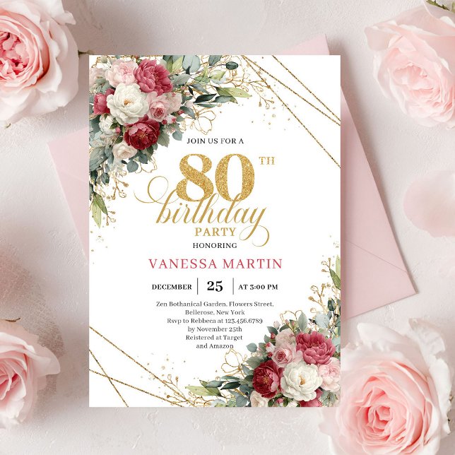 Elegant Red Blush Floral 80th Birthday Invite (Elegant Red Blush Floral 80th Birthday Invite)