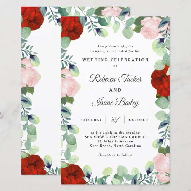 Elegant Red Blush Rose Greenery Wedding Invitation (Front/Back)
