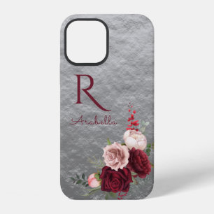 Elegant Red Blush Roses with Monogram on Grey iPhone 12 Case