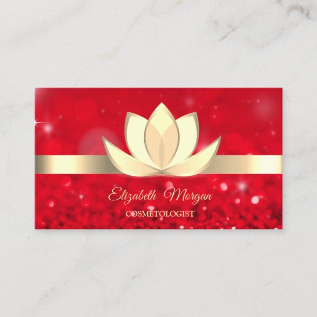 Elegant Red Bokeh Gold Lotus Flower Yoga Reiki Business Card (Front)