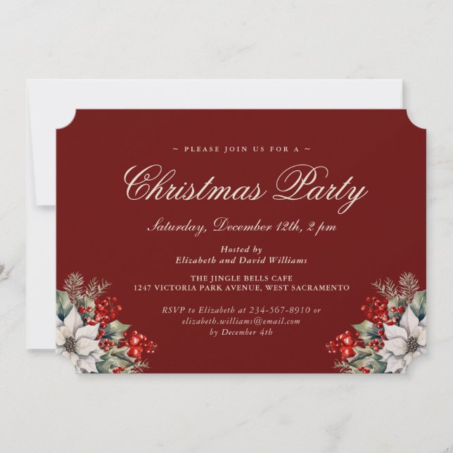 Elegant Red Botanical Christmas Holiday Party Invitation (Front)