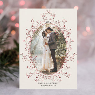 Elegant Red Botanical Frame Married & Merry Photo Holiday Card