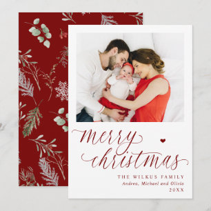 Elegant Red Botanical Merry 1 Photo Christmas Holiday Card