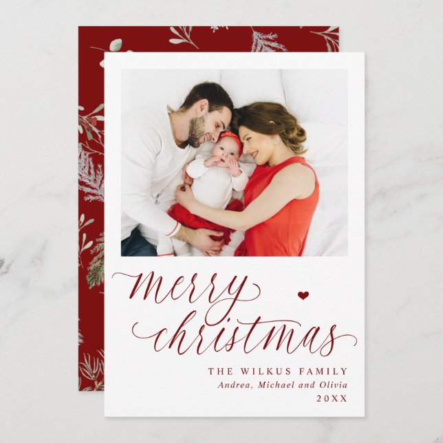Elegant Red Botanical Merry 1 Photo Christmas Holiday Card (Front/Back)