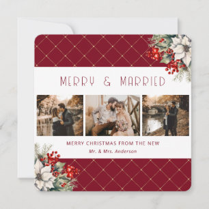 Elegant Red Botanical Newlywed Holiday Card