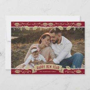 Elegant Red Botanical Photo New Year Holiday Card