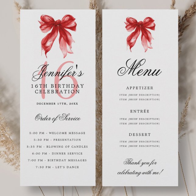 Elegant Red Bow 16th Birthday Program Menu Invitation (Elegant Red Bow 16th Birthday Program Menu)