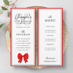 Elegant Red Bow 90th Birthday Program + Menu  Invitation