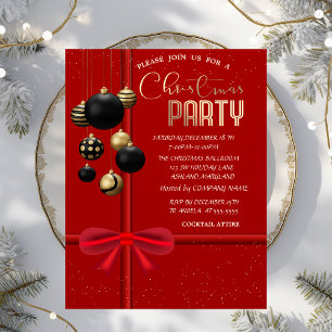 Elegant Red Bow Black Balls Christmas Company Invitation