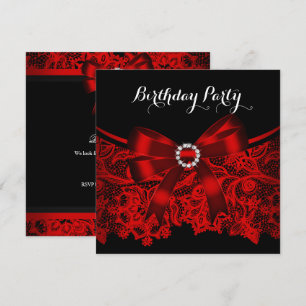 Elegant Red Bow Black Lace White Birthday Party 4 Invitation
