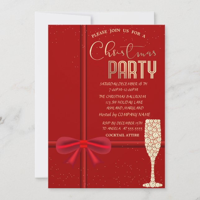 Elegant Red Bow,Champagne Glass Christmas Company  Invitation (Front)