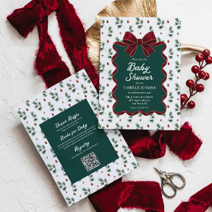 Elegant Red Bow Christmas Baby Shower Invitation
