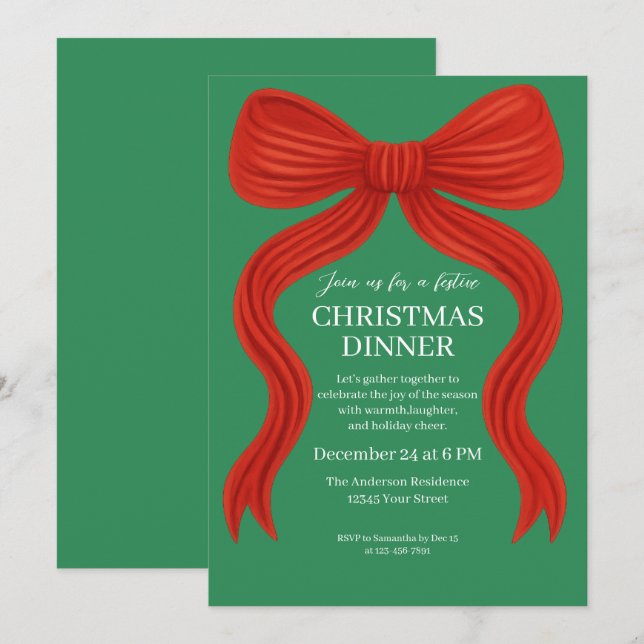 Elegant Red Bow Christmas Party -  Invitation (Front/Back)