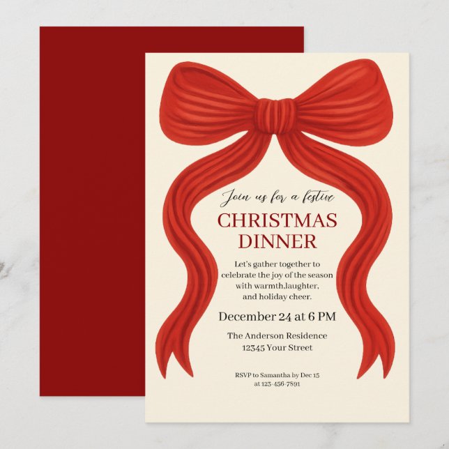Elegant Red Bow Christmas Party -  Invitation (Front/Back)