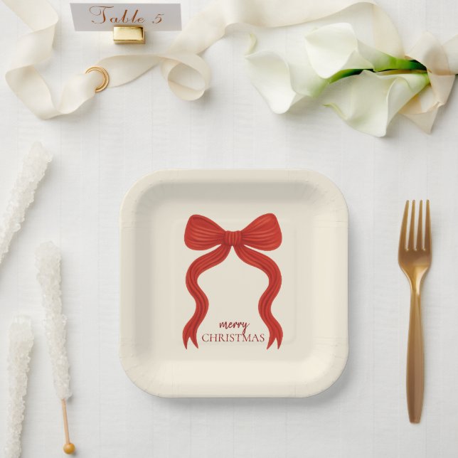 Elegant Red Bow Christmas Party -  Paper Plate (Wedding)