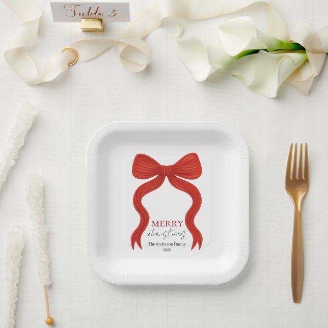 Elegant Red Bow Christmas Party -  Paper Plate (Wedding)