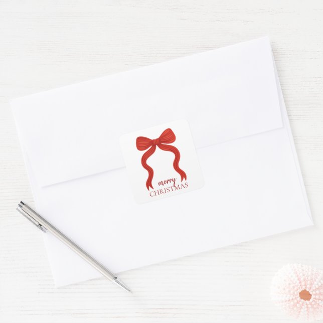 Elegant Red Bow Christmas Party -  Square Sticker (Envelope)