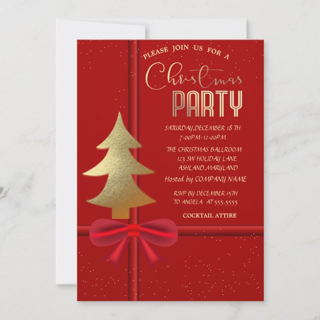 Elegant Red Bow,Christmas Tree Christmas Company Invitation (Front)