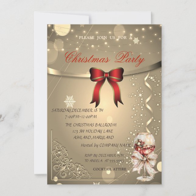 Elegant Red Bow,Confetti Company Christmas Party Invitation (Front)