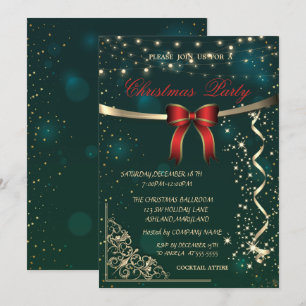 Elegant Red Bow,Confetti Green Christmas Party Invitation