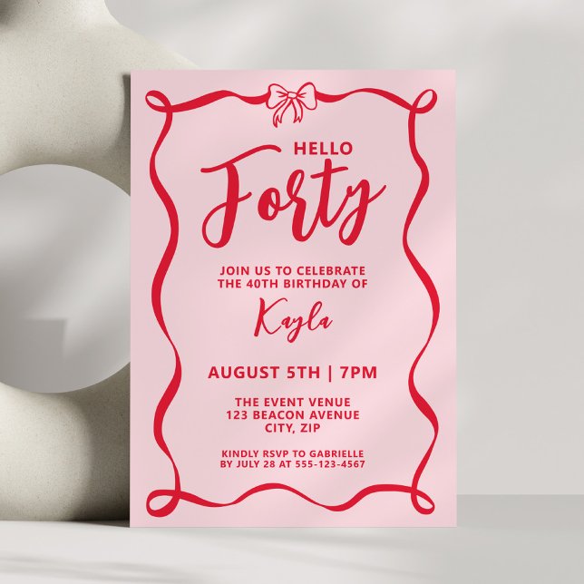Elegant Red Bow Coquette Hello Forty 40th Invitation (Creator Uploaded)