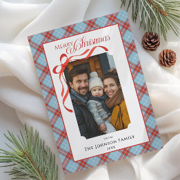 Elegant Red Bow Family Photo Plaid Merry Christmas Holiday Card