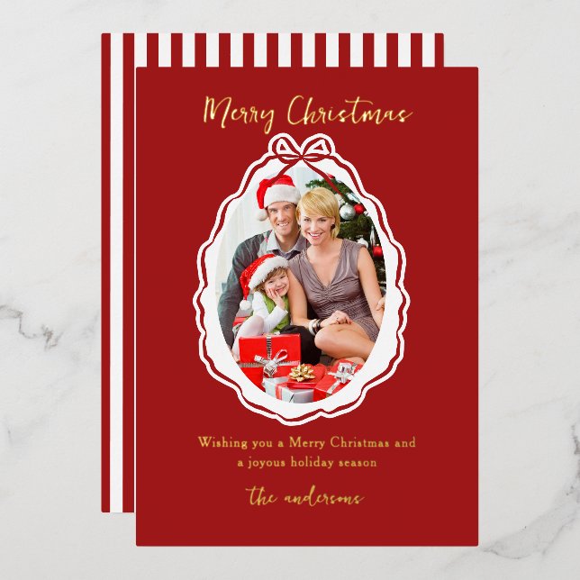 Elegant Red Bow Frame Photo Merry Christmas Foil Holiday Card (Front/Back)