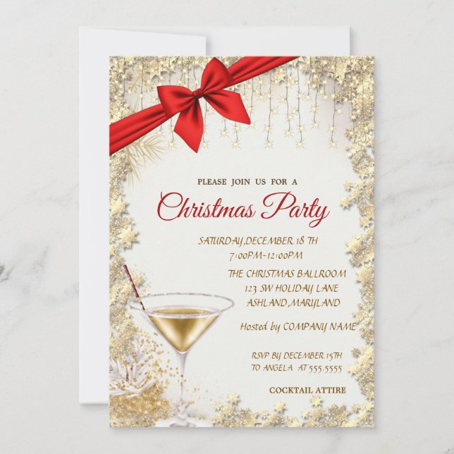 Elegant Red Bow,Gold Glass,Stars Company Christmas Invitation (Front)