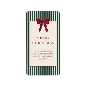 Elegant Red Bow Green Stripes Christmas Address Label