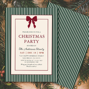Elegant Red Bow Green Stripes Christmas Invitation