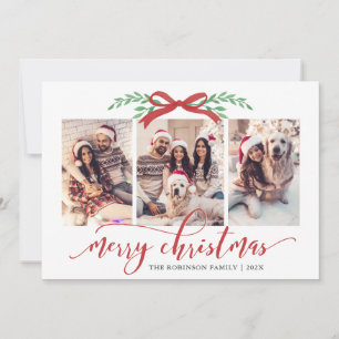 Elegant Red Bow Greenery 3 Photo Family Christmas Holiday Card
