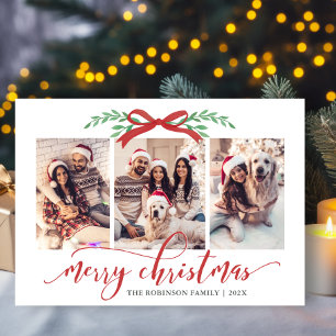 Elegant Red Bow Greenery 3 Photo Family Christmas Holiday Card