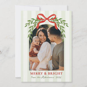 Elegant Red Bow Greenery Arch 1 Photo Christmas Holiday Card