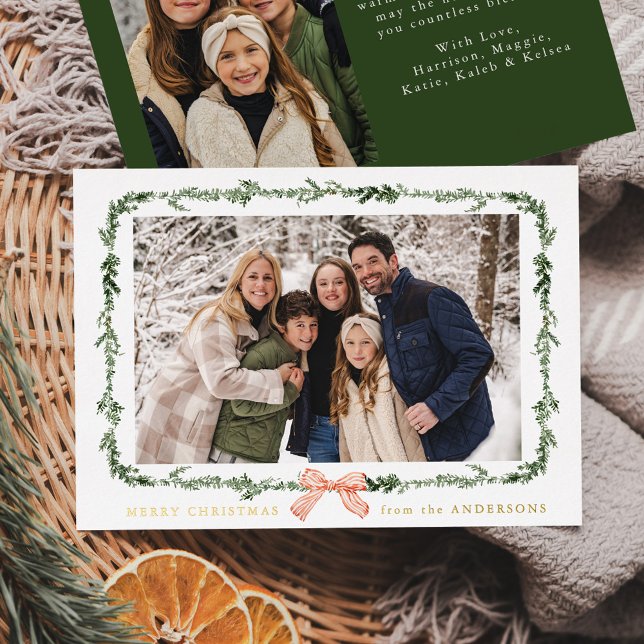 Elegant Red Bow Greenery Garland 2 Photo Foil Holiday Card (Creator Uploaded)