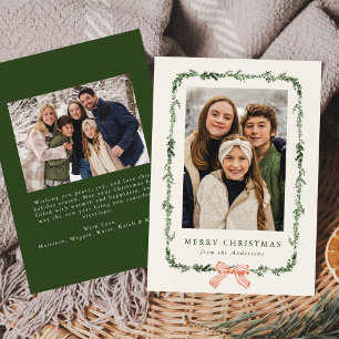 Elegant Red Bow Greenery Garland Cream 2 Photo Holiday Card